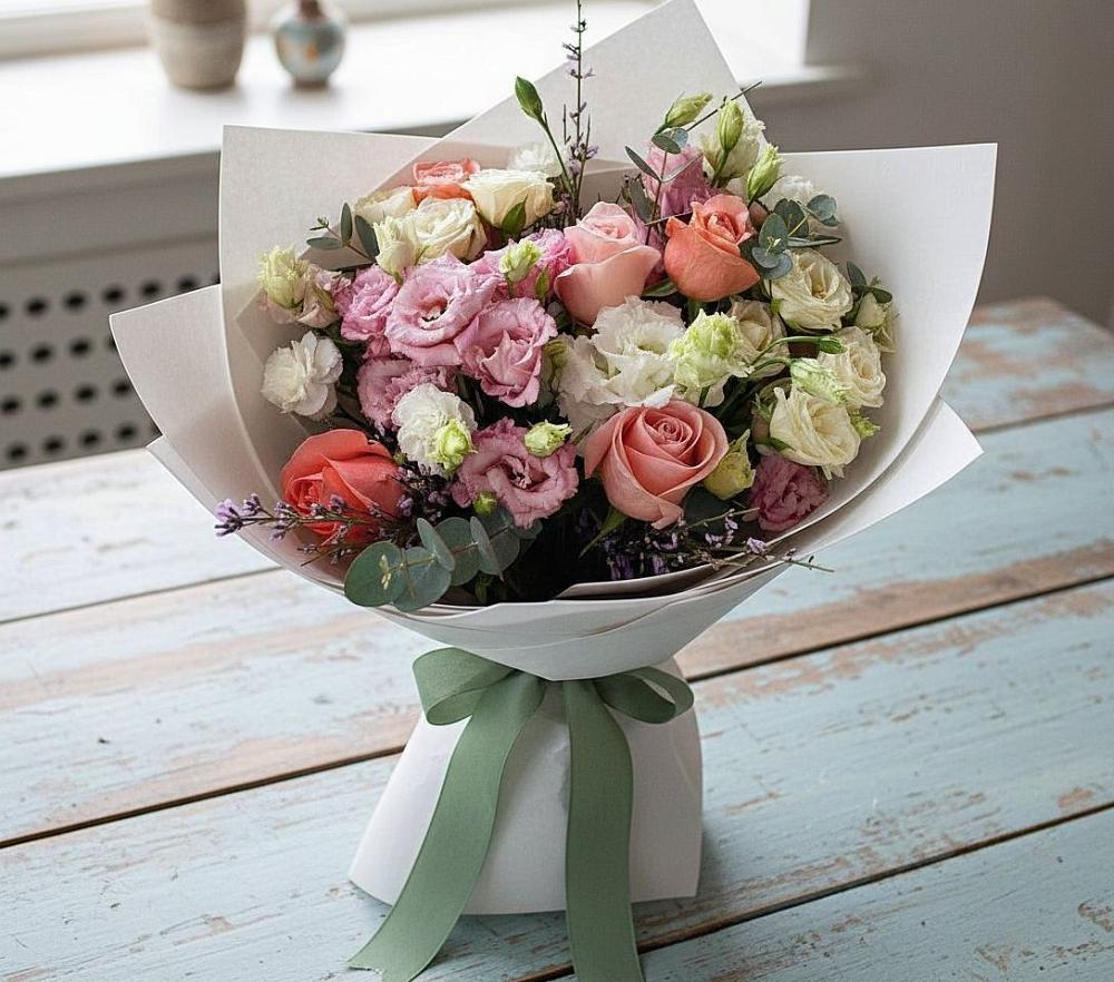 Букет цветов из: Розы, Лизиантусы и Гвоздики в Дальнем Константиново