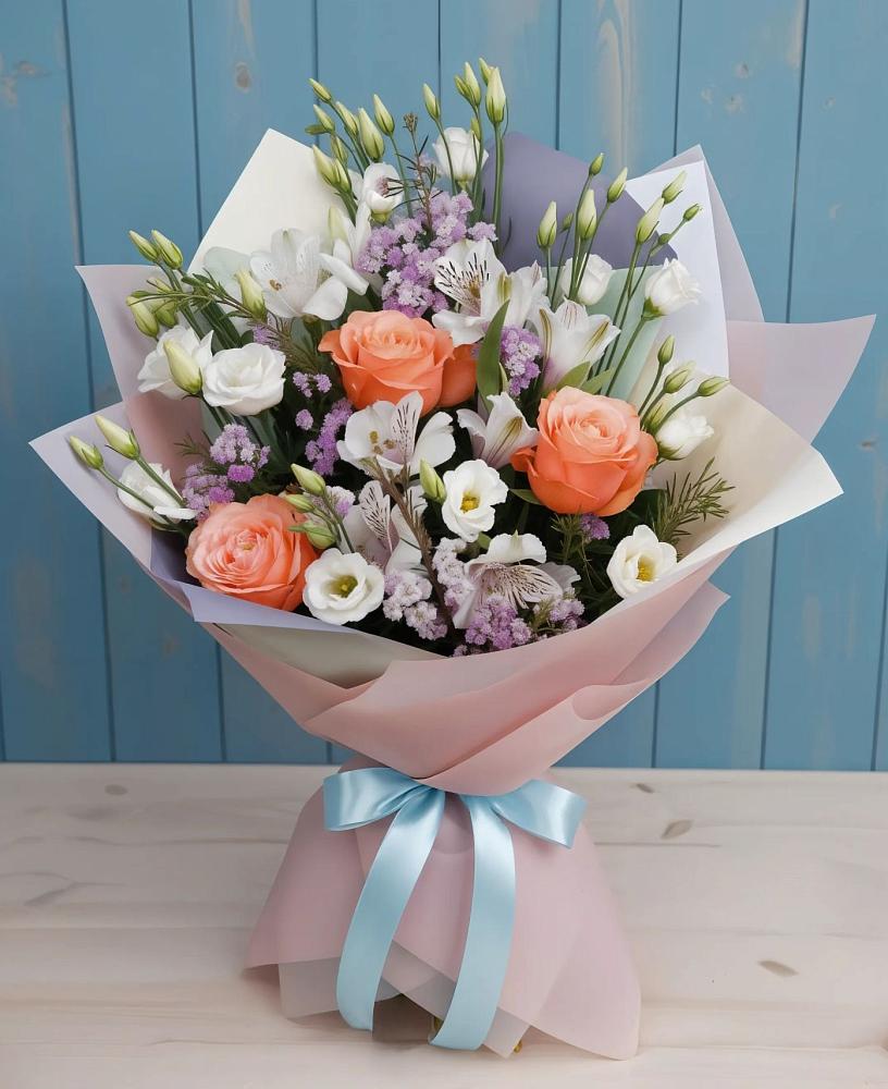 Букет цветов из: Лизиантусы, Розы, Альстромерии и Гипсофила в Дальнем Константиново