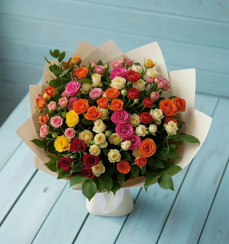 Букет Микс из разноцветных кустовых роз в Дальнем Константиново