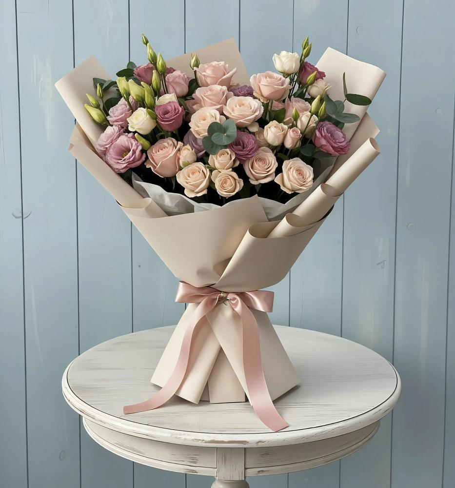 Букет цветов из: Розы и Лизиантусы в Дальнем Константиново